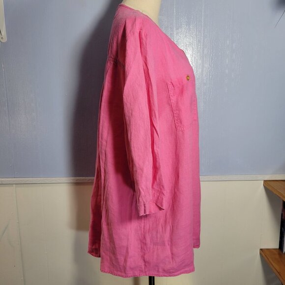 Company Ellen Tracy Extra Large Pink Peony Zippered V Neck Roll Tab Linen Blouse - Picture 3 of 13